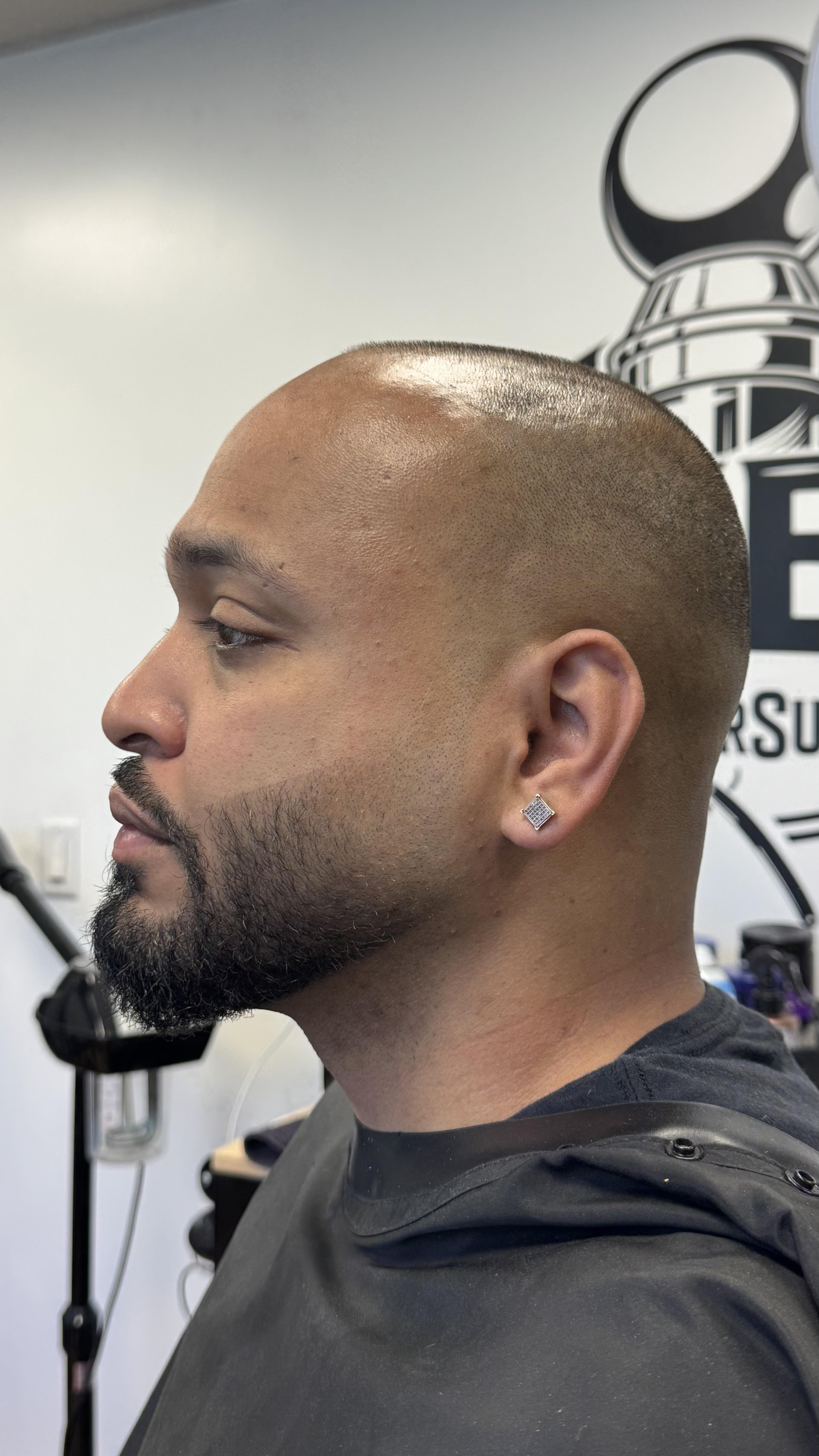 Bald fade with beard sculpt at Eminence Barbersuite, North Plainfield NJ