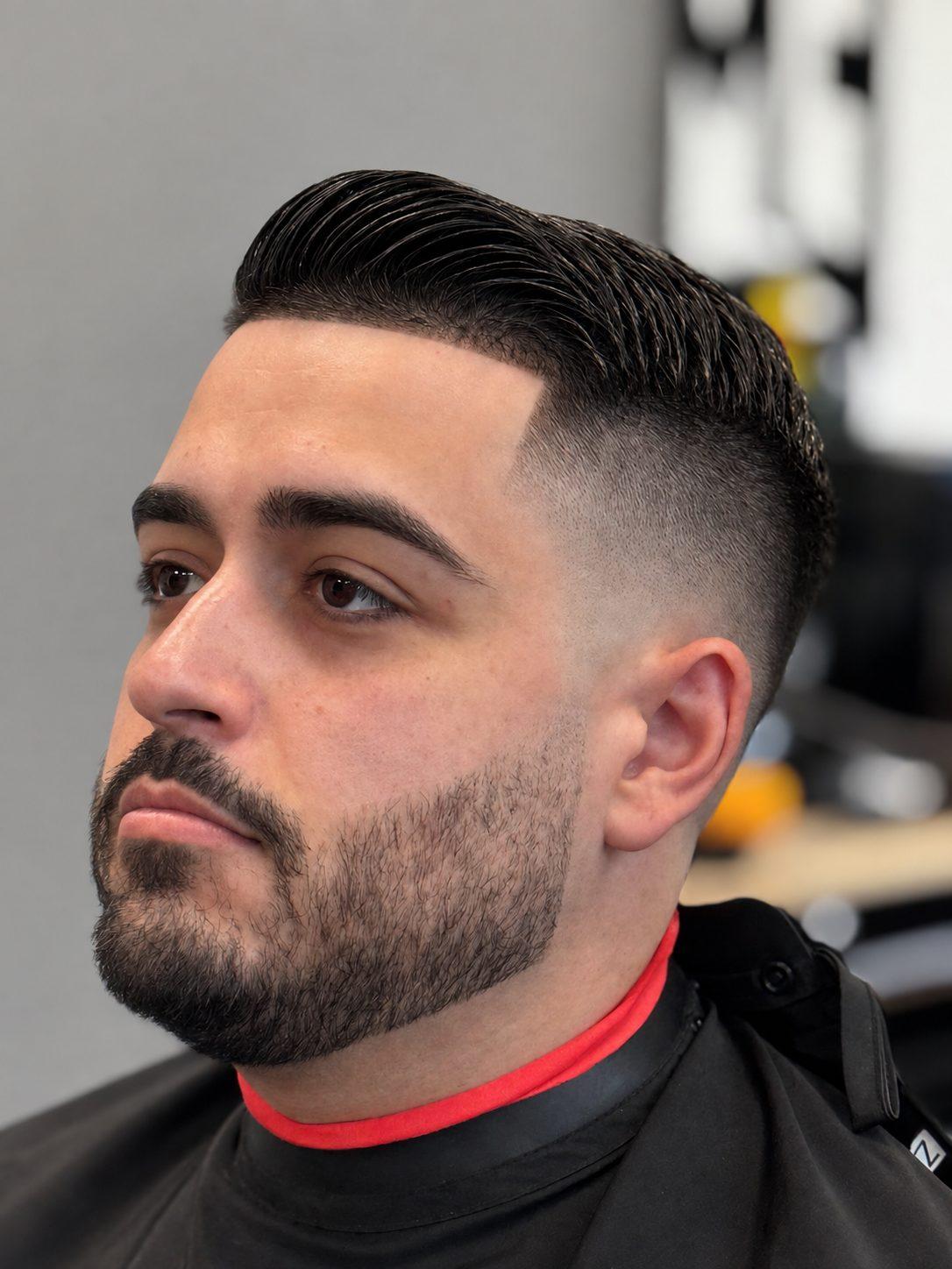 Comb over skin fade with beard at Eminence Barbersuite, North Plainfield NJ