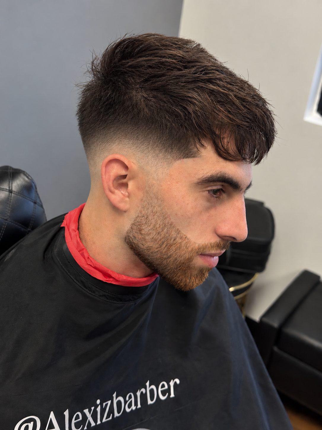 Fade with messy top and beard at Eminence Barbersuite, North Plainfield NJ